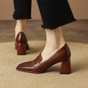 Retro Brown Chunky-Heel Pumps Women's Sheepskin