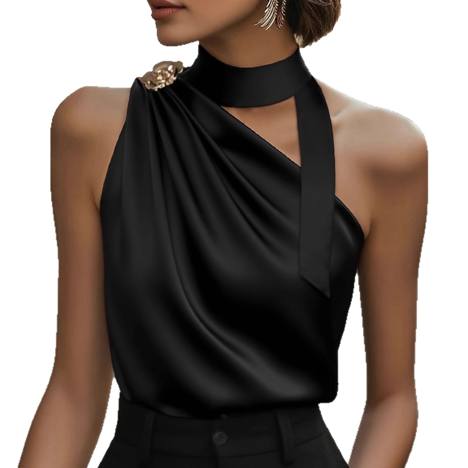 Womens Solid-Color Off-the-Shoulder High-Neck Sleeveless Fashionable All-Match Top - Image 5