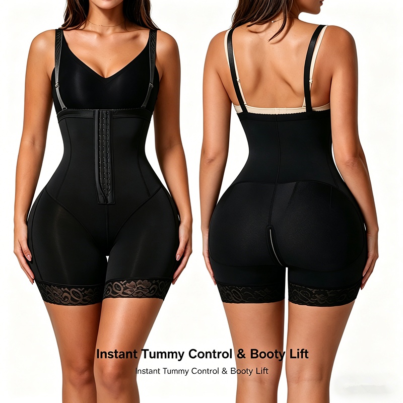 Women's Faja Bodysuit With Tummy Control, High Compression Waist Trainer Shapewear, Seamless Body Shaper With Lace Trim, Adjustable Straps, Zipper Crotch - Image 8