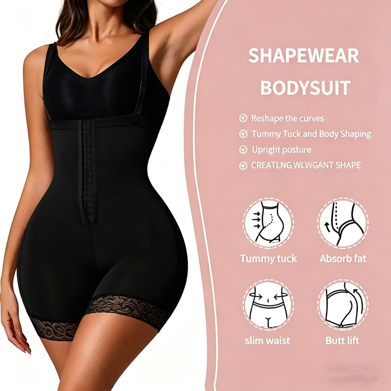 Women's Faja Bodysuit With Tummy Control, High Compression Waist Trainer Shapewear, Seamless Body Shaper With Lace Trim, Adjustable Straps, Zipper Crotch - Image 2
